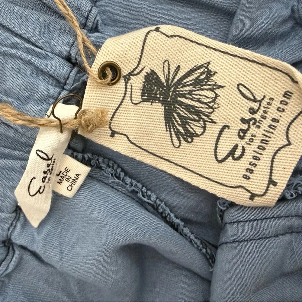 Easel light blue chambray denim wide leg elastic waist pull on pants size Large - Picture 9 of 13